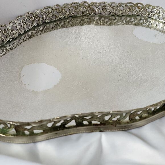 Vintage Ornate Metal Art Deco Vanity Mirrored Tray - Picture 3 of 12